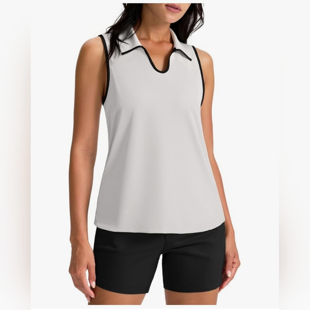 BNWT Plus Size Sleeveless White Polo Trim Top with Black Piping For Women